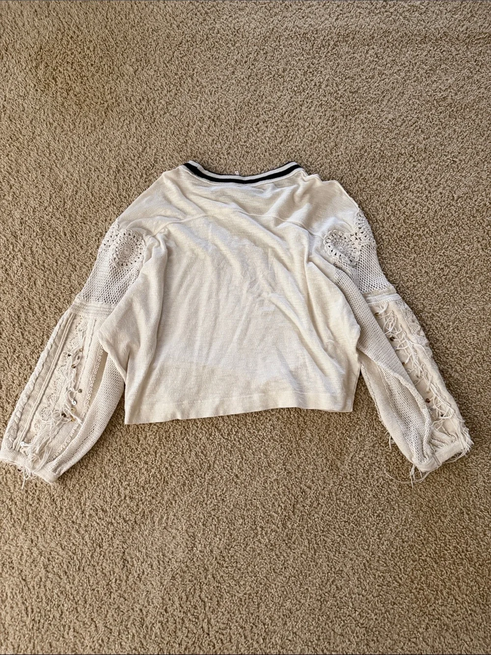 Free People Cream Knit Pullover with Crochet Lace Balloon Sleeves